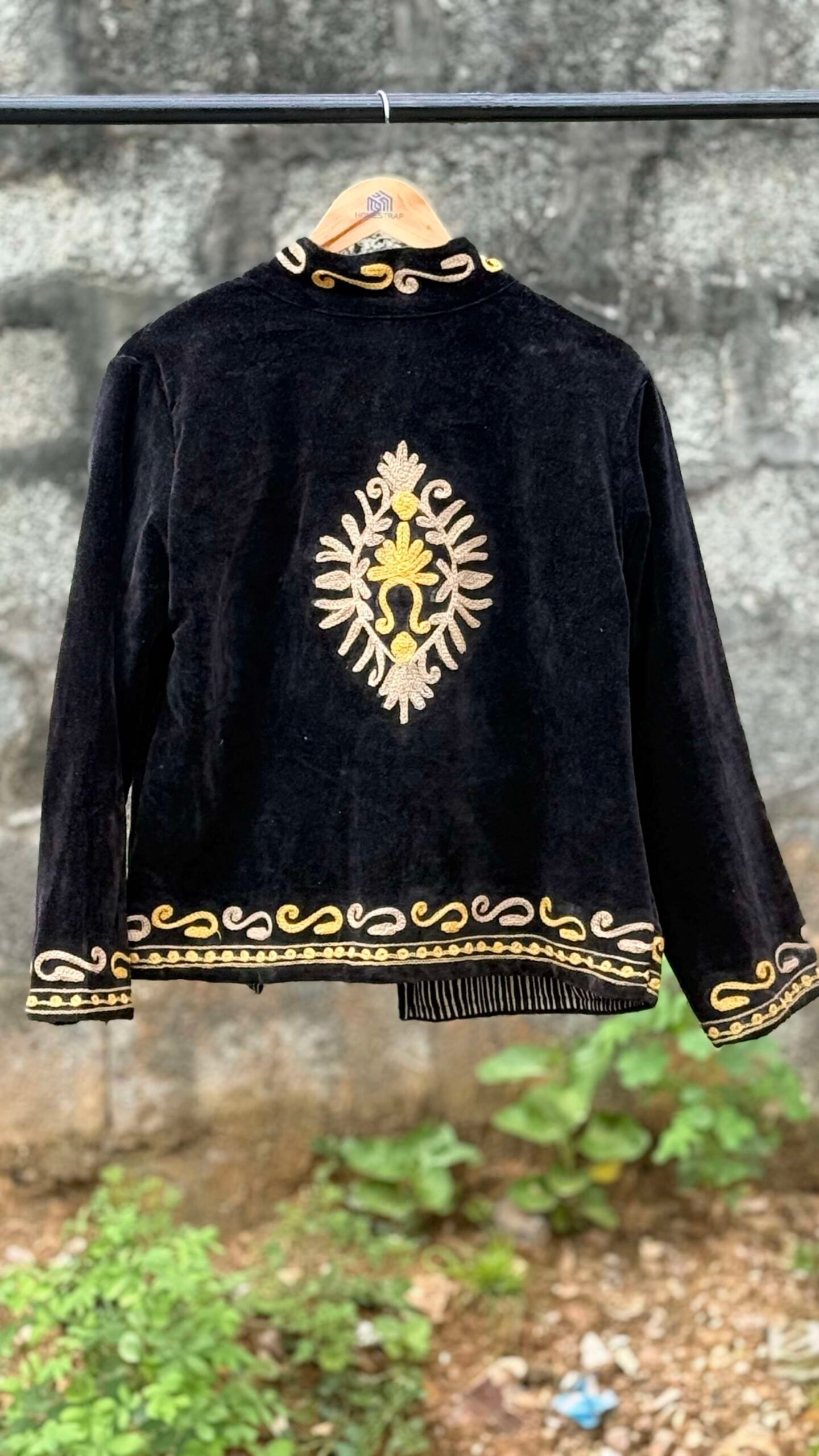 Womens Black Velvet Embroidered Jacket with Floral Design - Image 4