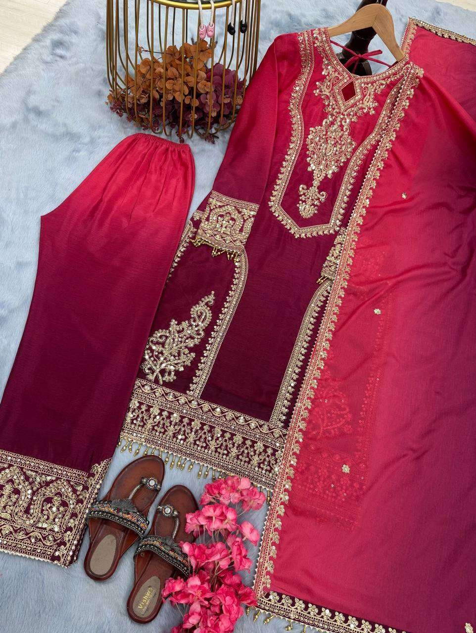 Women's Chinon Silk Embroidery Straight Pakistani Salwar Suit and Dupatta - Image 17