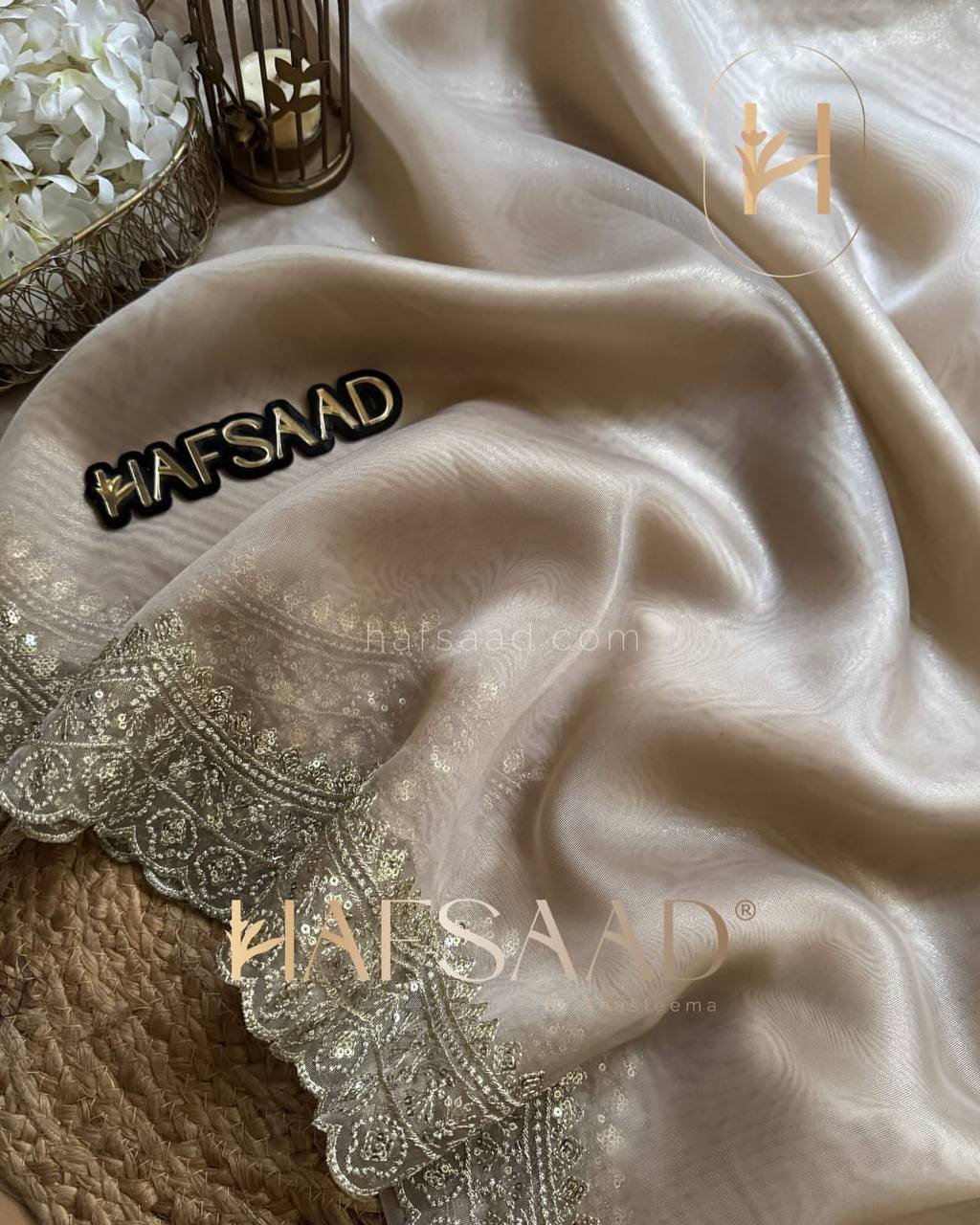 Luxurious Ivory Organza Dupatta with Heavy Golden Sequin & Zari Cutwork Border – Perfect for Weddings & Festive Layering - Image 6